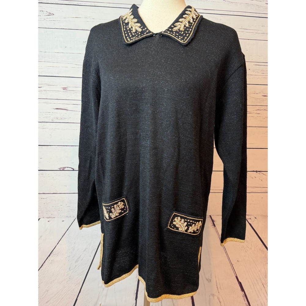 JACLYN SMITH Large Sweater Gold Metallic Ugly Christmas Beads‎ Embroidery NWOT